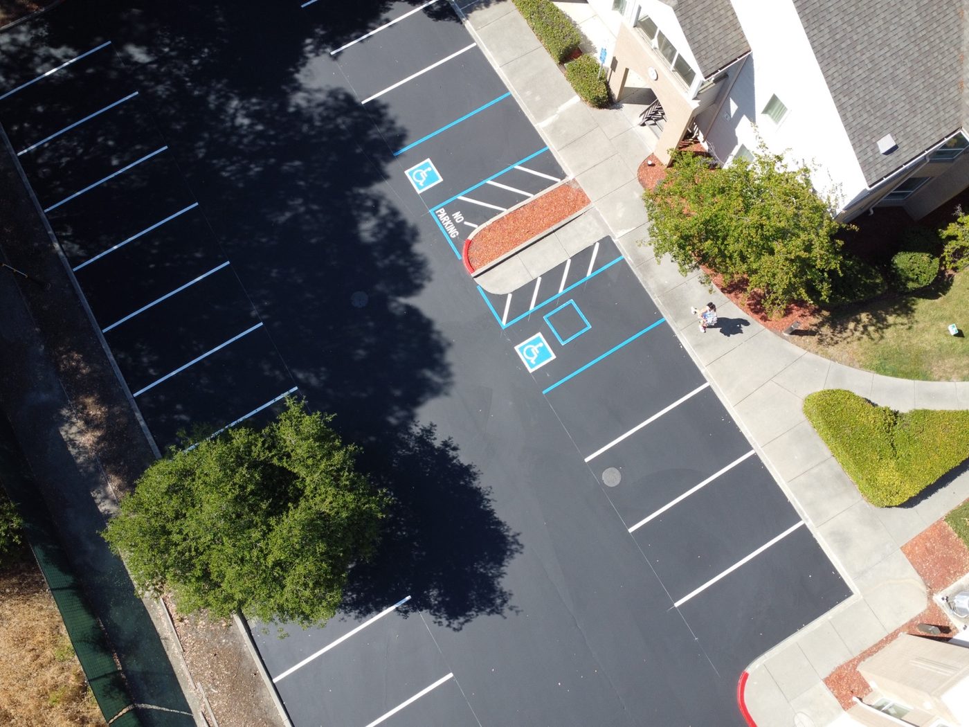 Aerial view of completed parking lot striping
